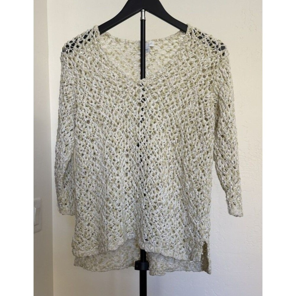 J Jill Women’s Open-Knit Sweater Ivory Green Cotton M 3/4 Sleeve Beachy Coastal